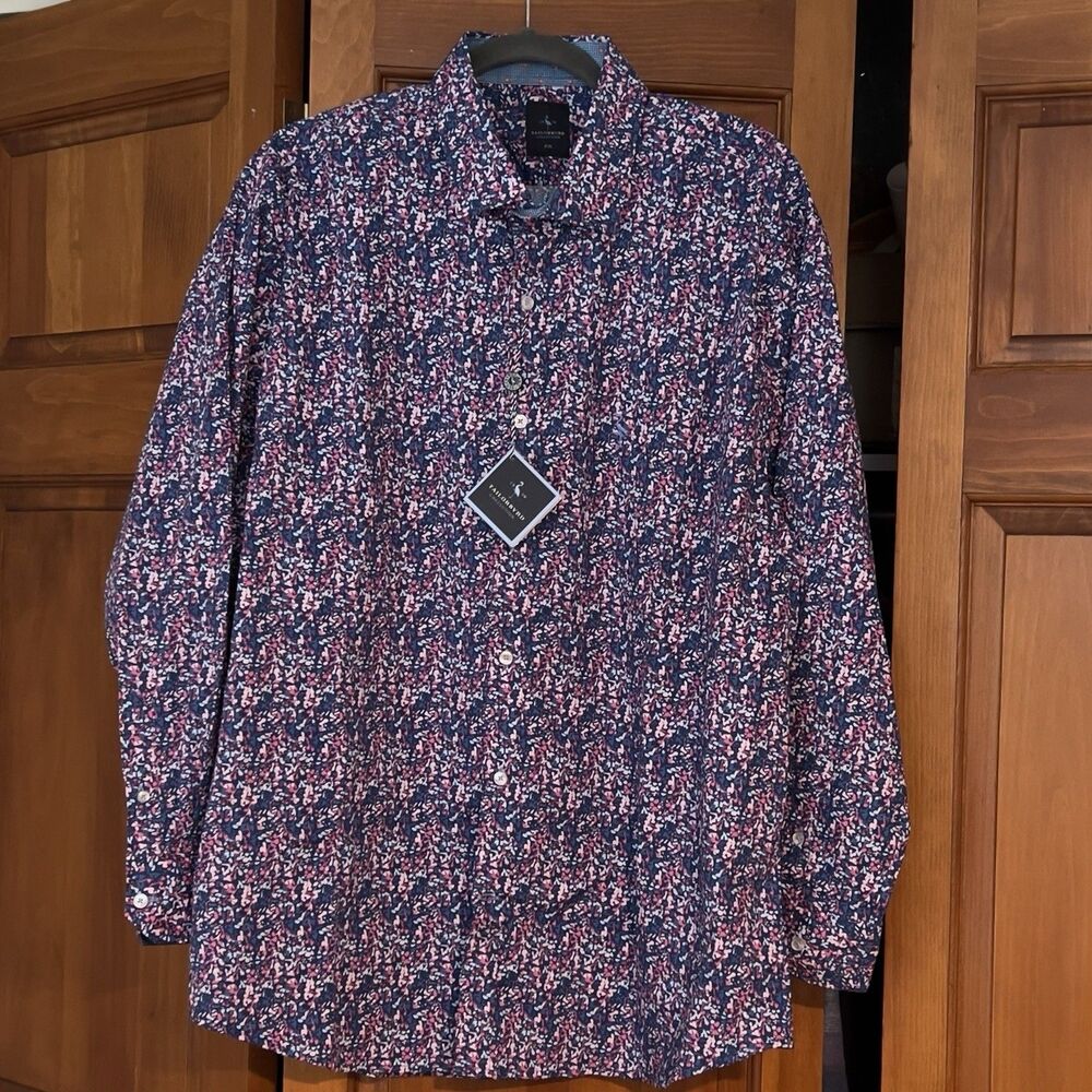 NWT TailorByrd XXL Navy All-Over Floral Abstract Print Long Sleeve Flip Cuff